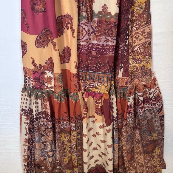 Boho Flowing Cottagecore Patchwork Maxi Dress in Cream, Rust & Gold - Picture 7 of 8